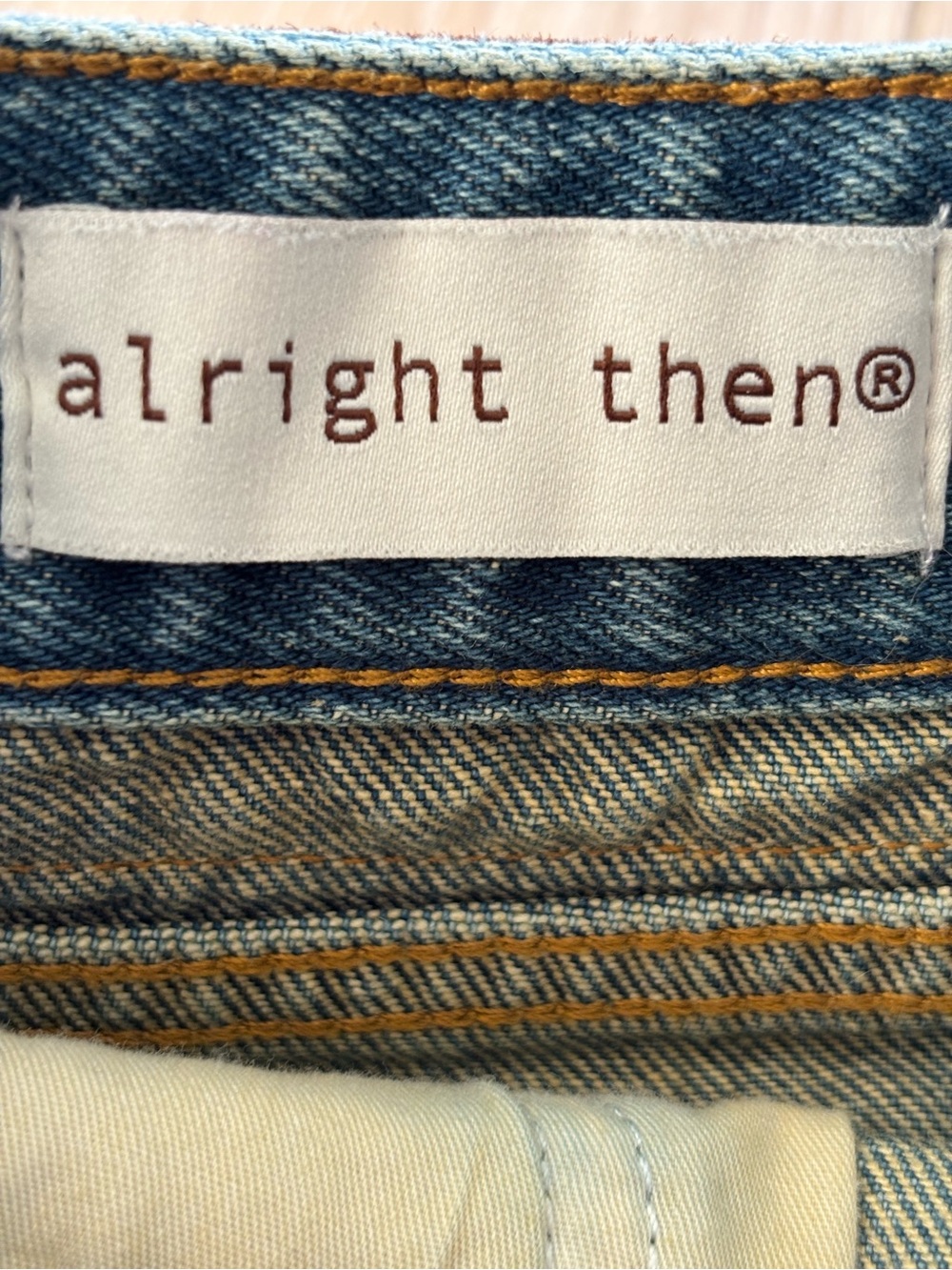 Alright Then 13” Waist Denim Light Wash Faded Mini Skirt, Blue/Cream, Size 0. - Picture 7 of 8